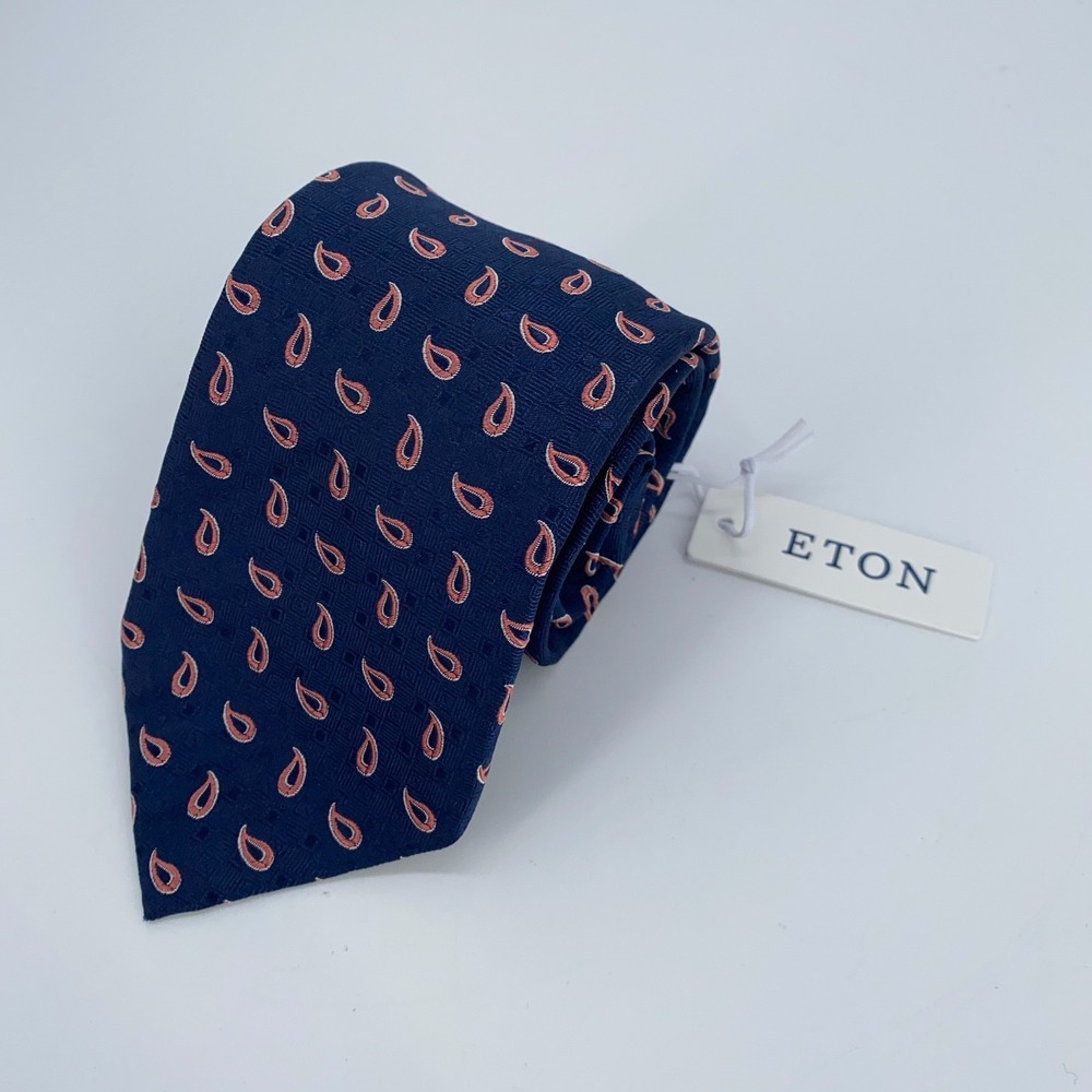 Eton Tie Mens One Size Navy Peach Paisley Silk Classic Necktie Italy Made NWT